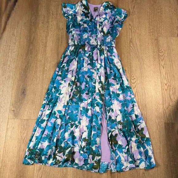 Taylor Blue Floral Jacquard Maxi Dress Size 12 Flutter Sleeve V-Neck - Picture 2 of 9